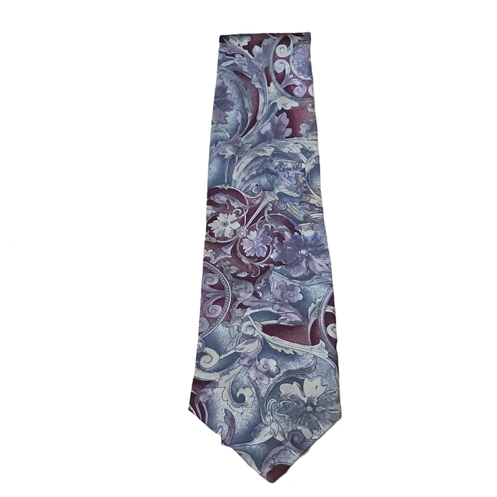 Bill Blass Silk Tie Floral Baroque Paisley Burgundy Blue Gray Classic Vintage